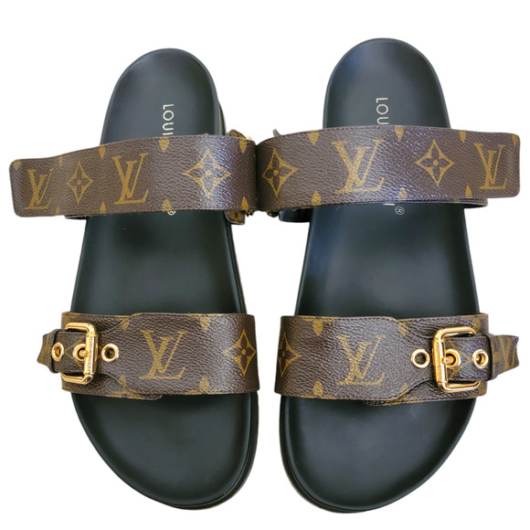 Louis Vuitton Monogram Bom Dia Leather Sandals LV Logo Brown Black Flat 10 40 - Picture 3 of 14